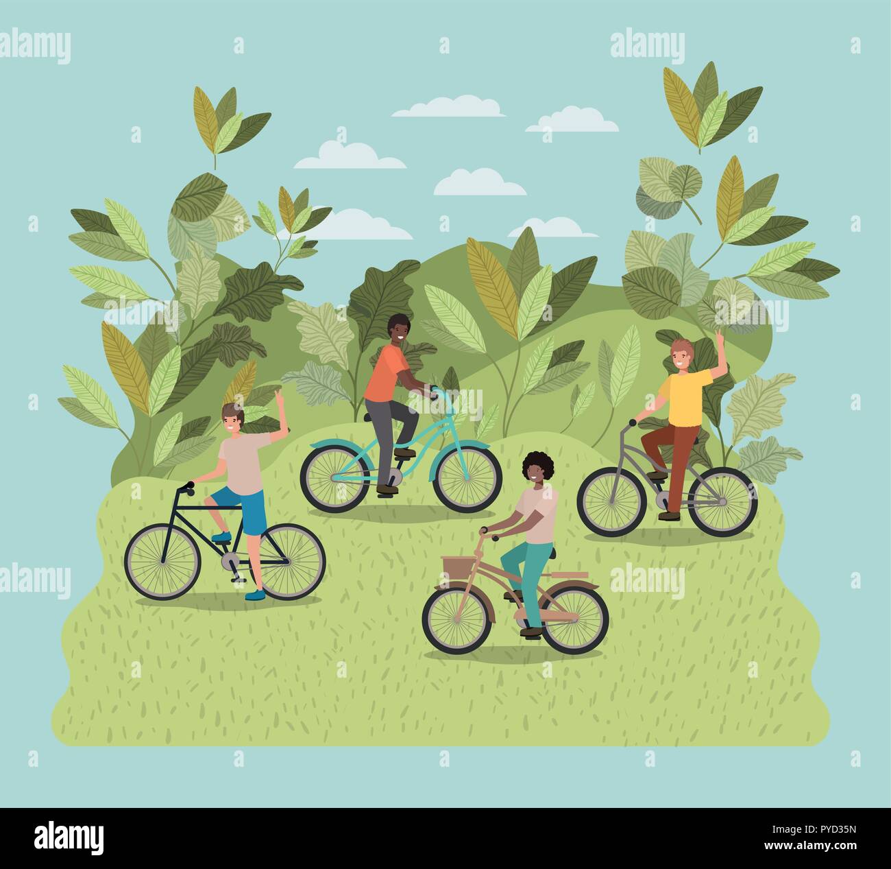 group of young men in bicycle on park Stock Vector Image & Art - Alamy