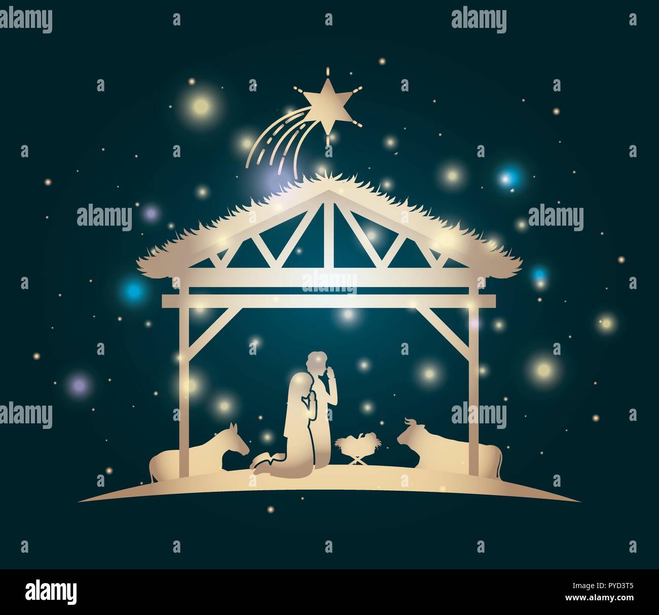 christmas card with holy family and animals in stable Stock Vector