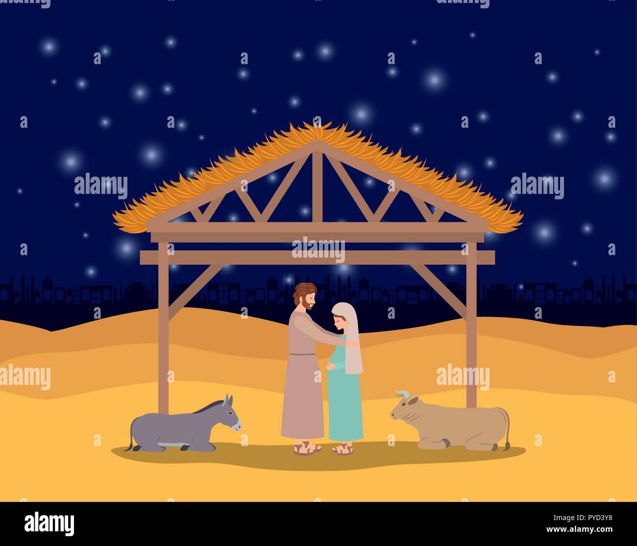 christmas card with holy family and animals in stable Stock Vector ...