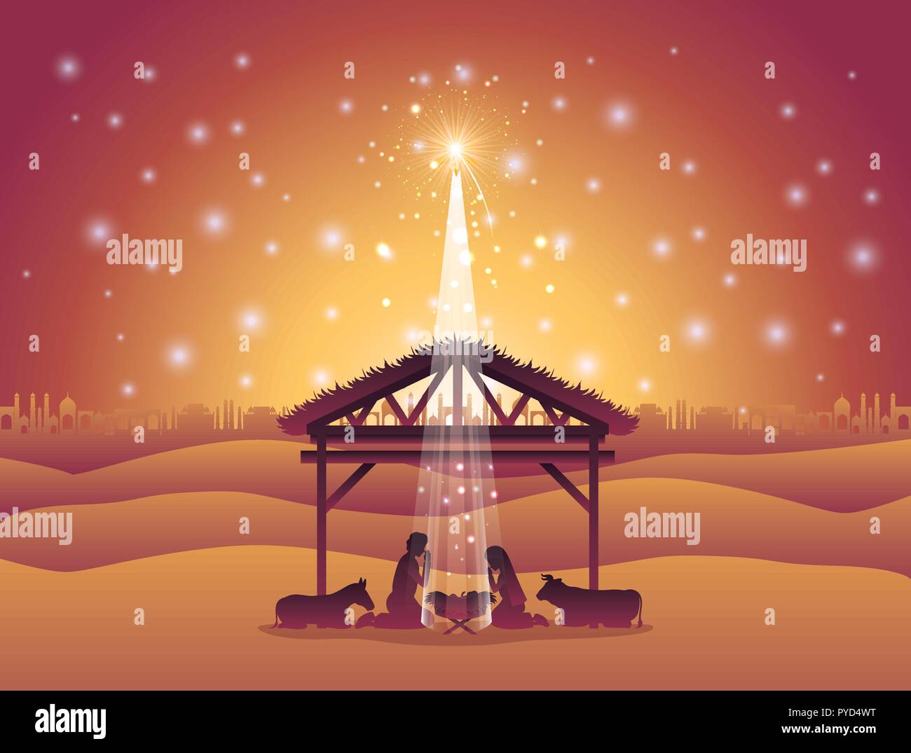 christmas desert scene with holy family in stable Stock Vector Image ...