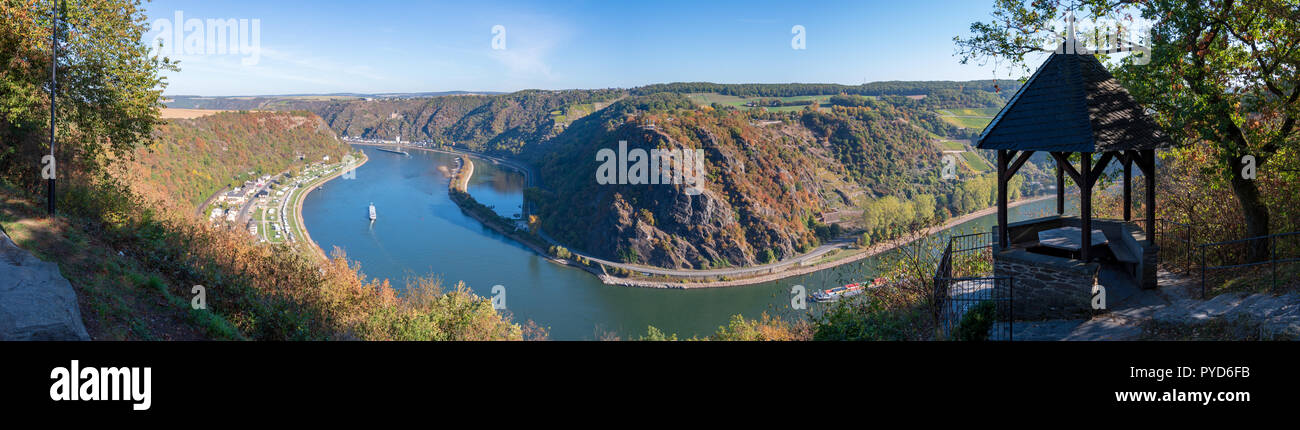 Panoramic view of Loreley taken from Maria Ruh viewpoint above Rhine in autumn, Germany Stock Photo