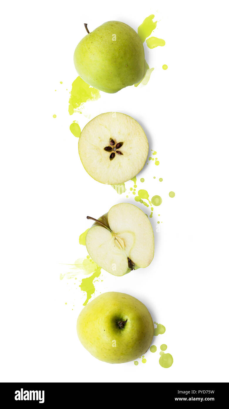 Green apple slices on white background with watercolor splashes; Fruit background Stock Photo