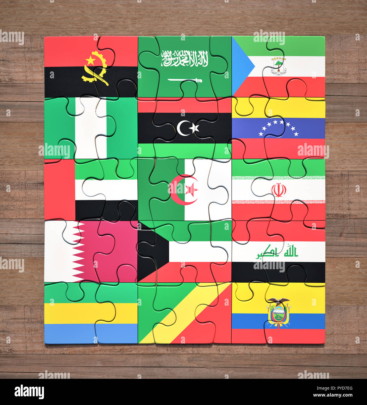 Jigsaw puzzle with the flags of the countries of the Organization of the Petroleum Exporting Countries. Stock Photo