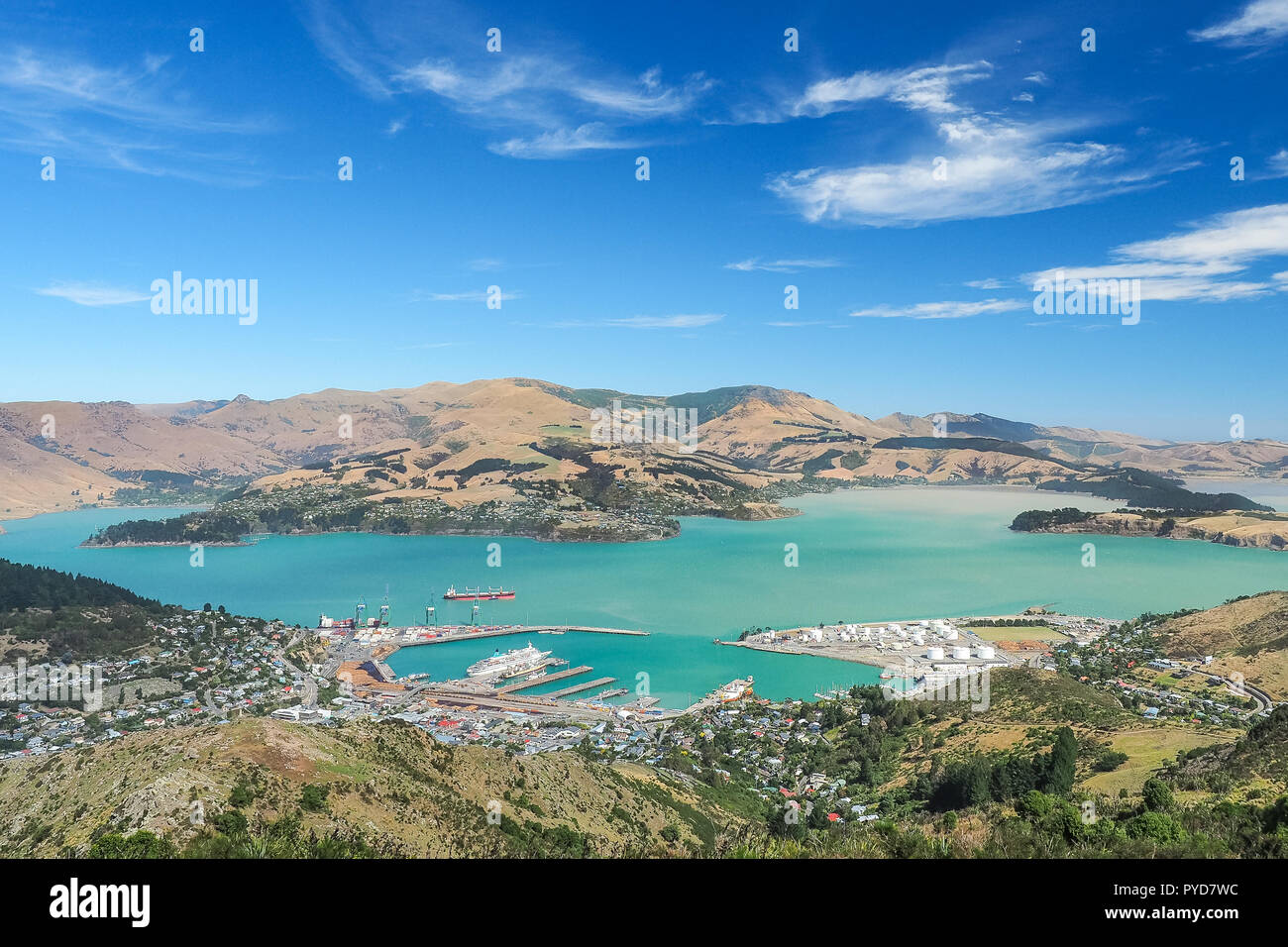 Aerial view of Lyttelton port from the top of Christchurch Gondola