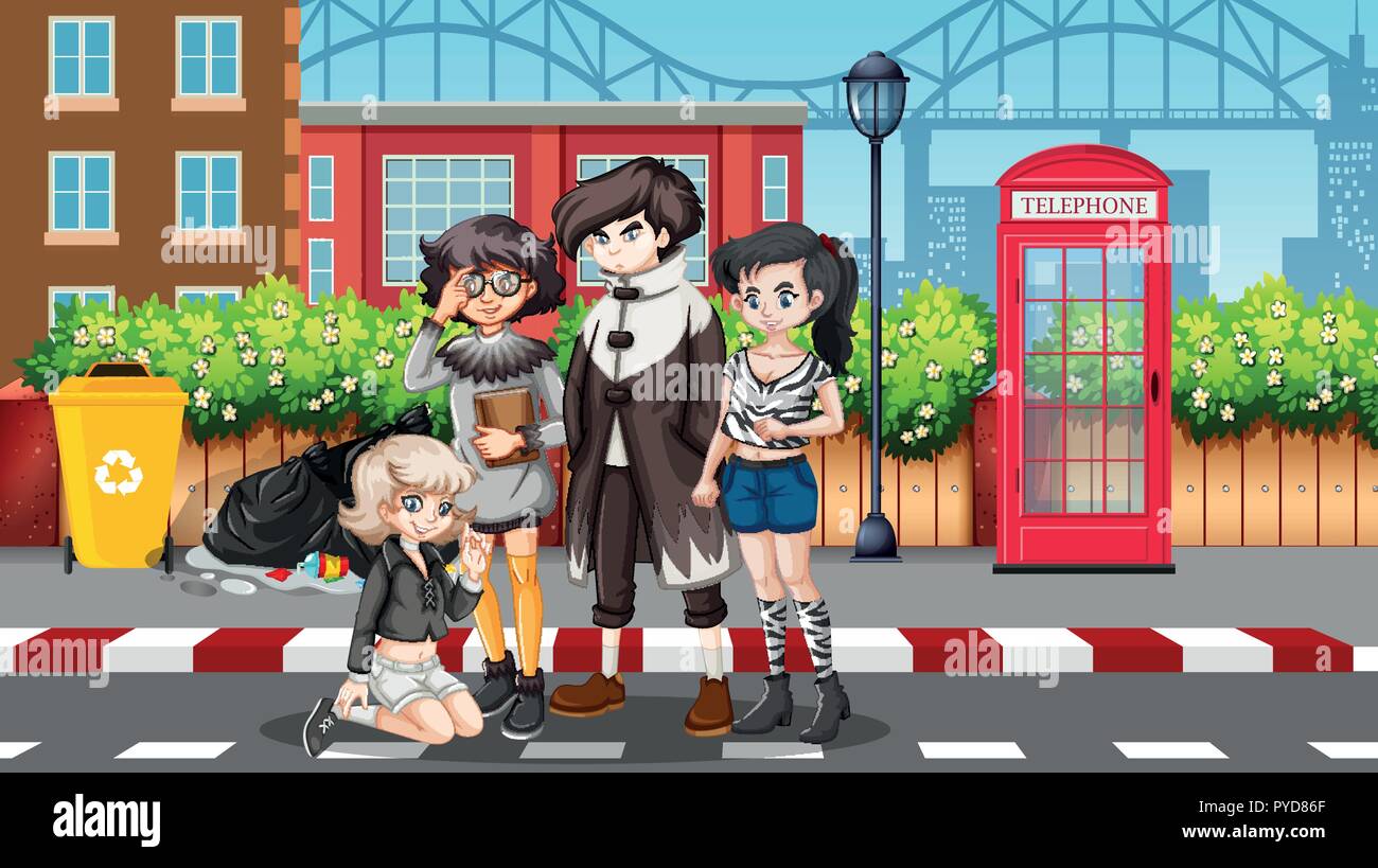 Group of teenagers in street scene illustration Stock Vector Image ...