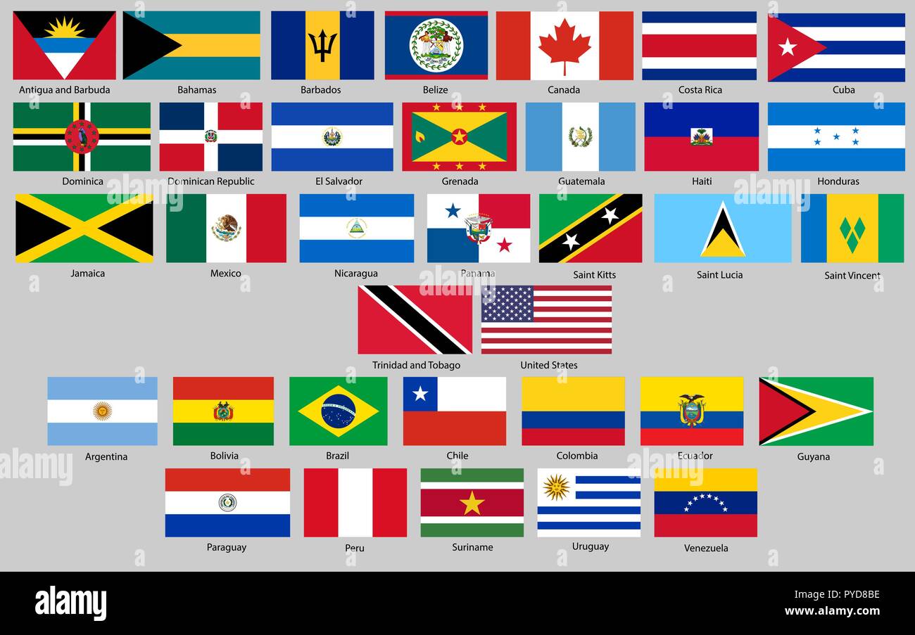Vector illustration of different countries flags set. All flags North and South America Stock Vector