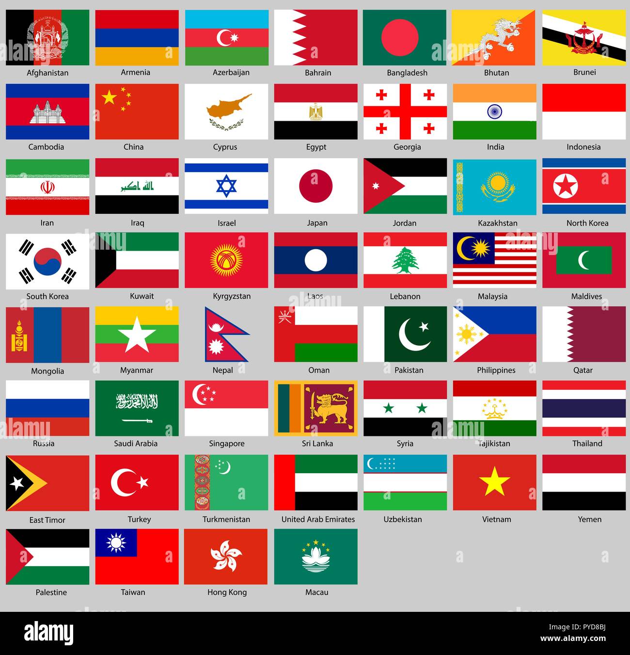 Vector illustration of different countries flags set. All flags Asia