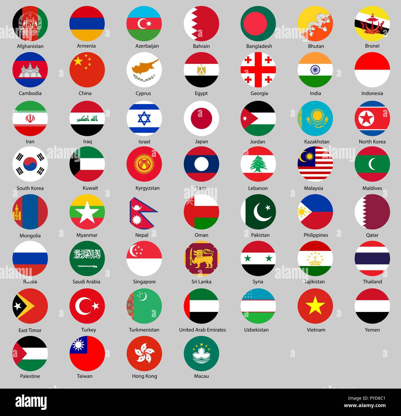 Vector illustration of different countries flags set. All Round flags Asia Stock Vector