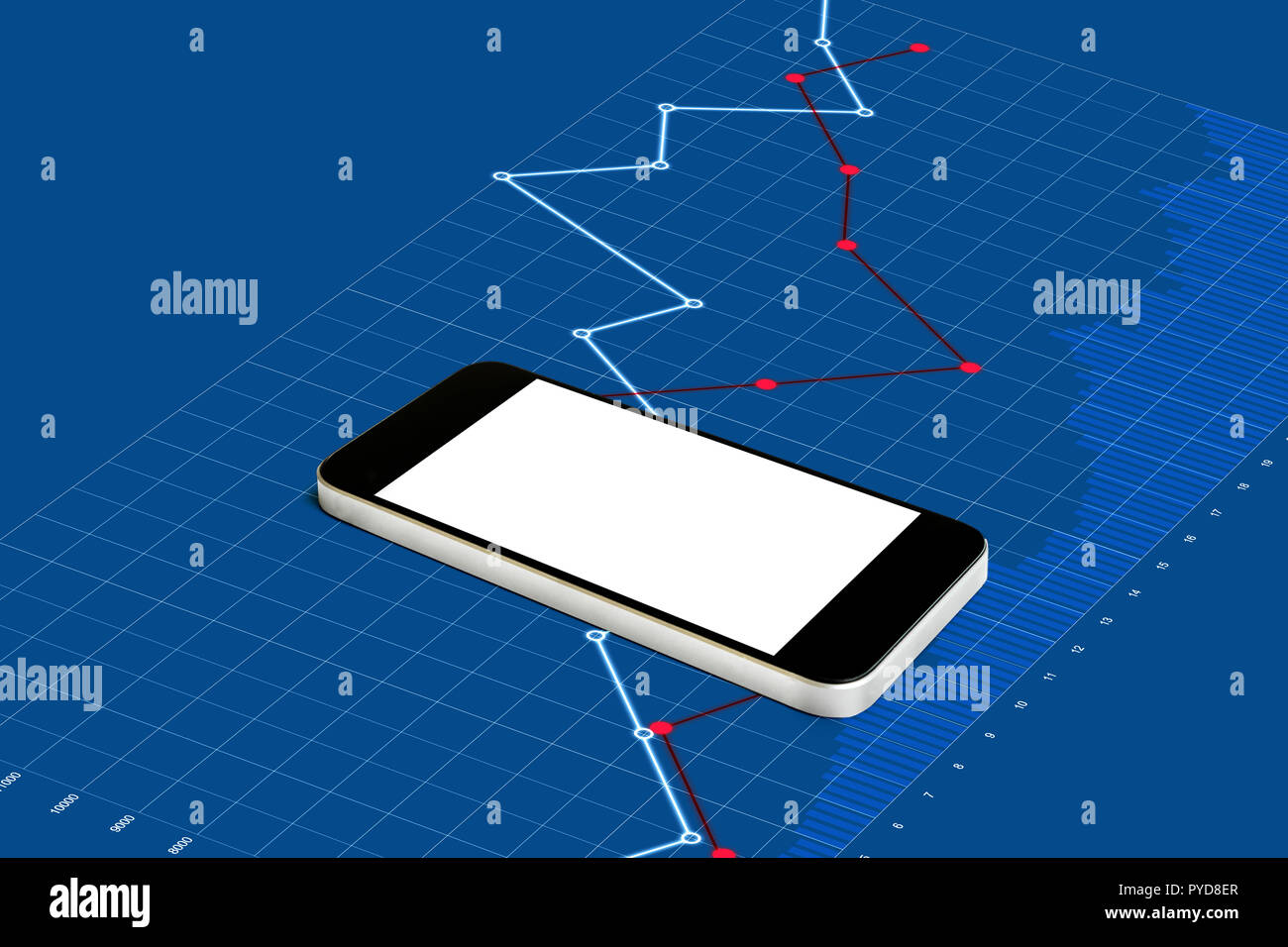 Mobile smart phone, empty white screen on blue raising graph background Stock Photo
