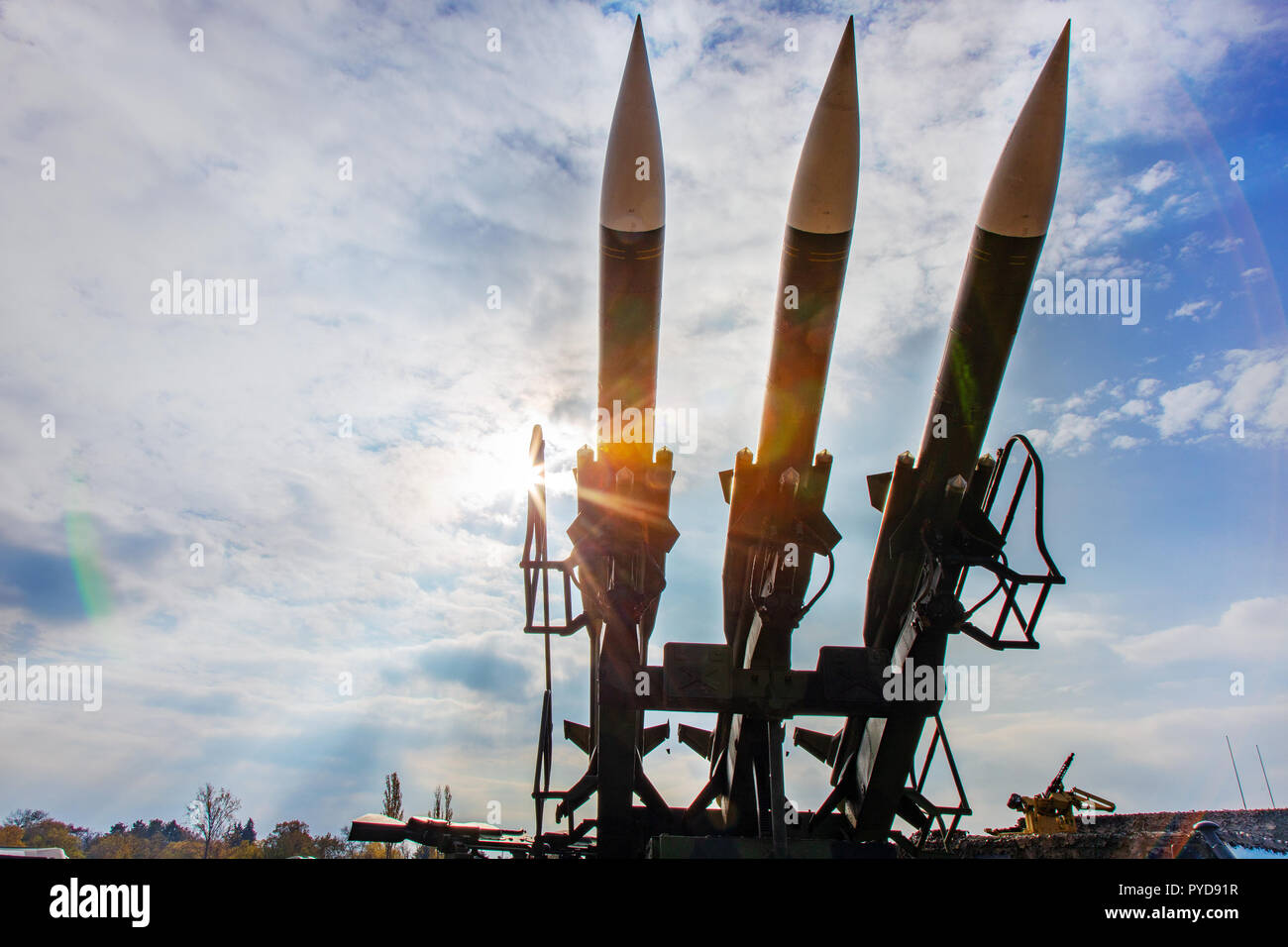 war and weapon - army artillery - tactical ground-air ballistic missiles on the launch ramp Stock Photo
