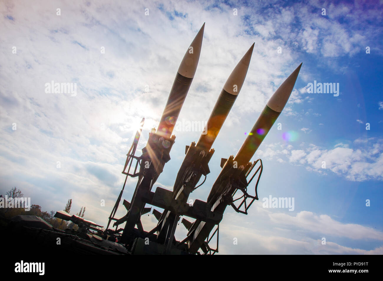 war and weapon - army artillery - tactical ground-air ballistic missiles on the launch ramp Stock Photo