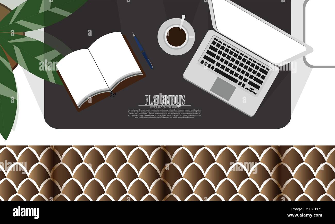 Flat object design set, working space on the couch with equipment Stock Vector