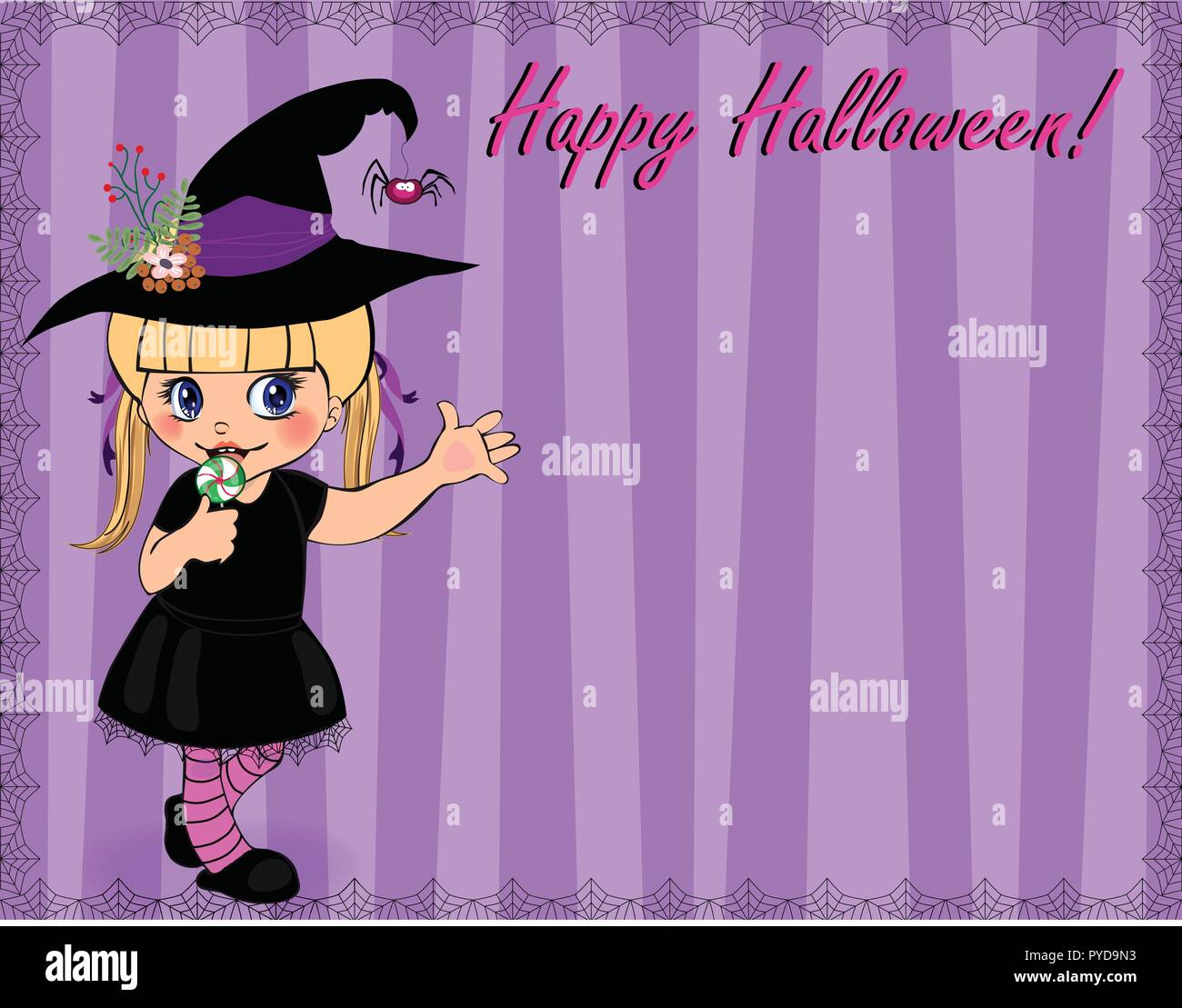 Happy Halloween greeting card template of cute baby girl in witch