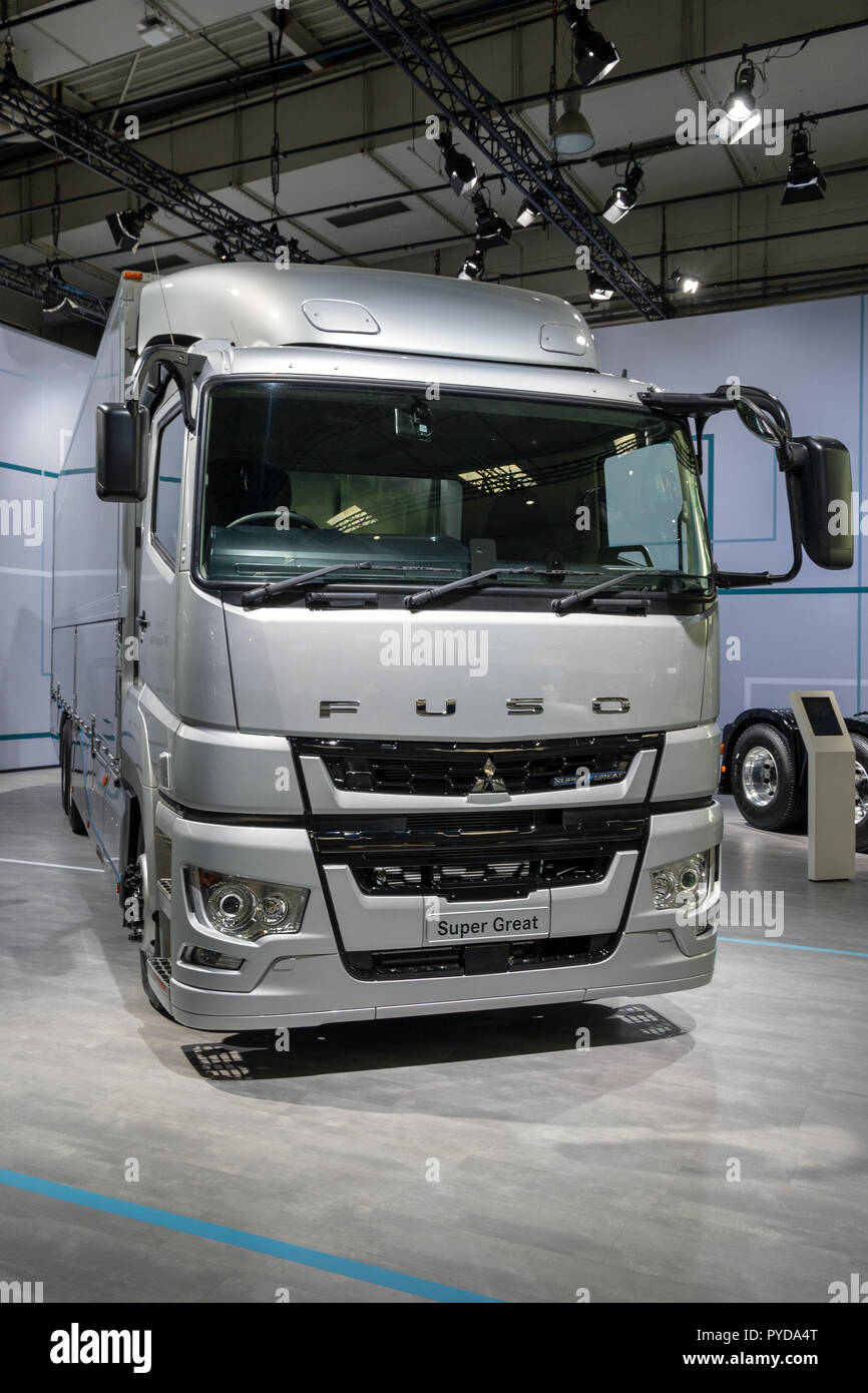 HANNOVER, GERMANY - SEP 27, 2018: Mitsubishi Fuso Super Great heavy-duty commercial truck showcased at the Hannover IAA Commercial Vehicles Motor Show Stock Photo