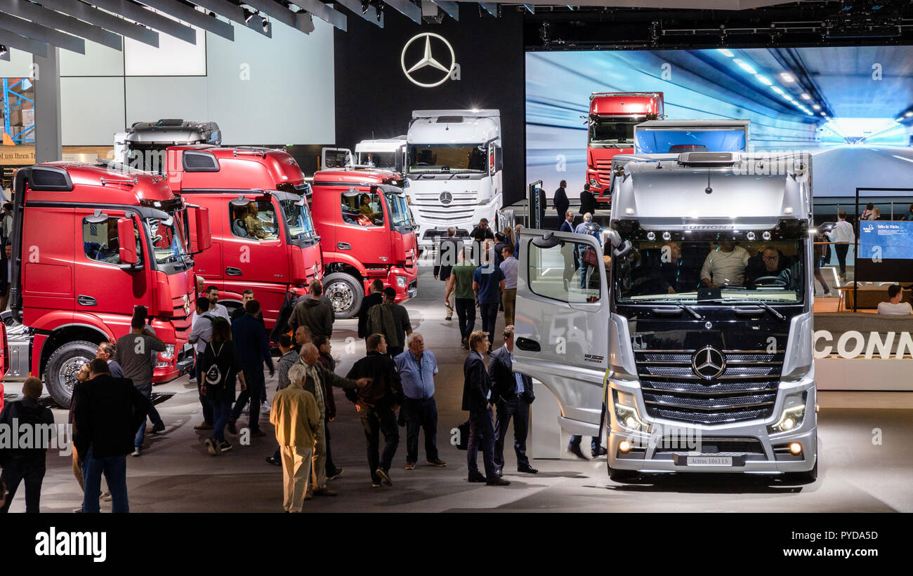 HANNOVER GERMANY SEP 27 2018 Visitors And New Mercedes Trucks hannover-germany-sep-27-2018-visitors-and-new-mercedes-trucks