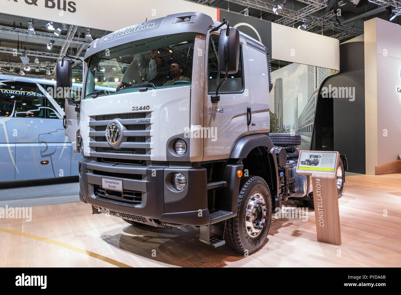 HANNOVER, GERMANY - SEP 27, 2018: New 2019 Volkswagen Constellation 33.440 Tractor truck showcased at the Hannover IAA Commercial Vehicles Motor Show. Stock Photo