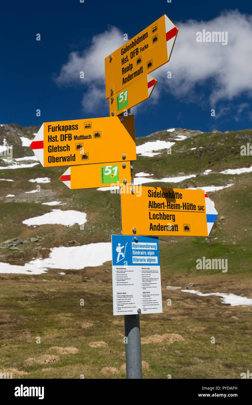 Direction signpost near Hotel Furkablick on the Furka Pass, Switzerland Stock Photo