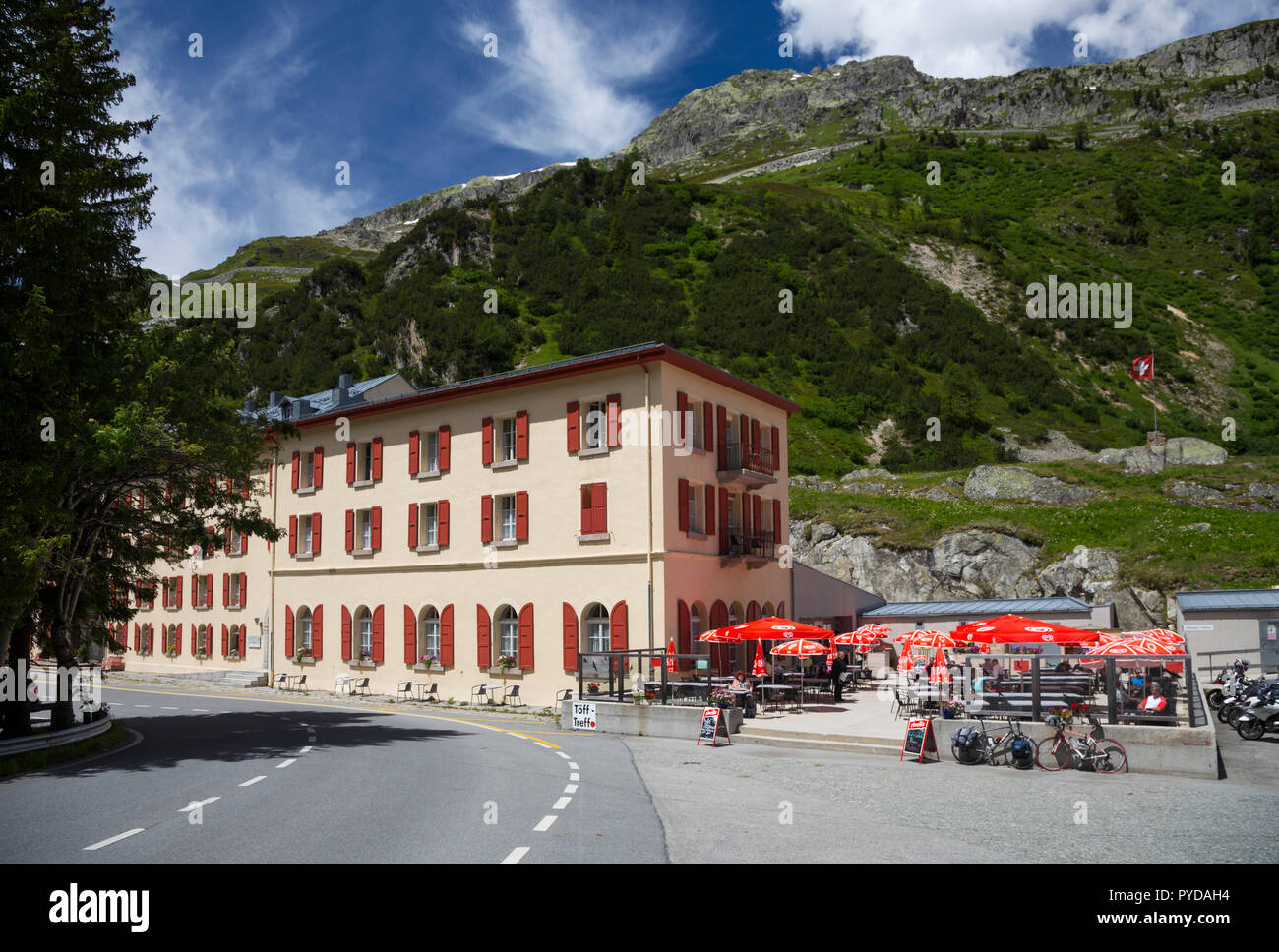 Grand Hotel Glacier du Rhône, café and rest stop on the Furka Pass, Gletsch, Switzerland. Stock Photo