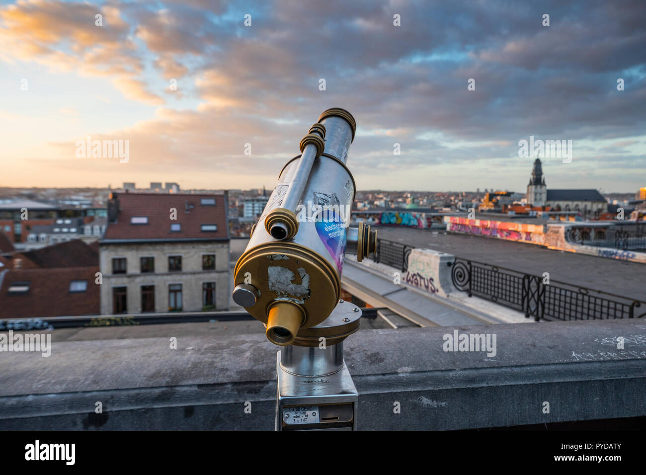 Brussels skyline with telescope in front (blur background) Stock Photo