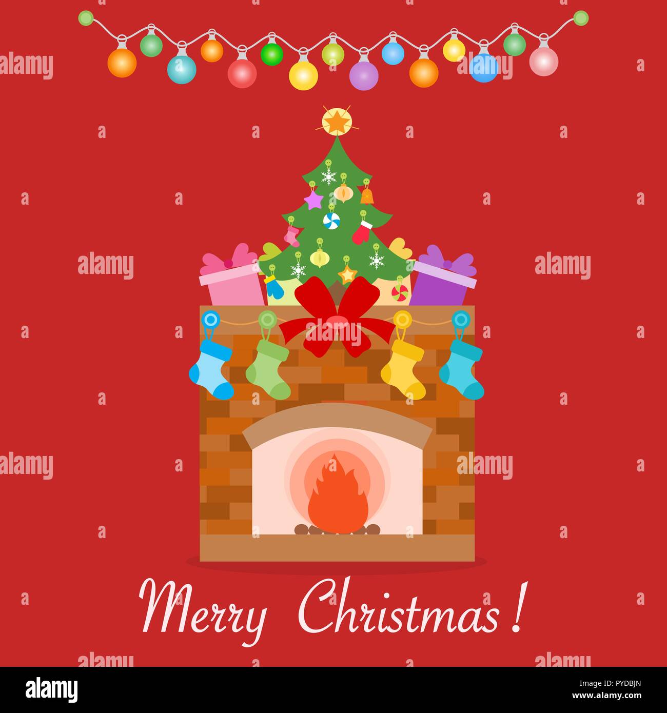 Happy New Year 2019 And Christmas Vector Illustration Fireplace