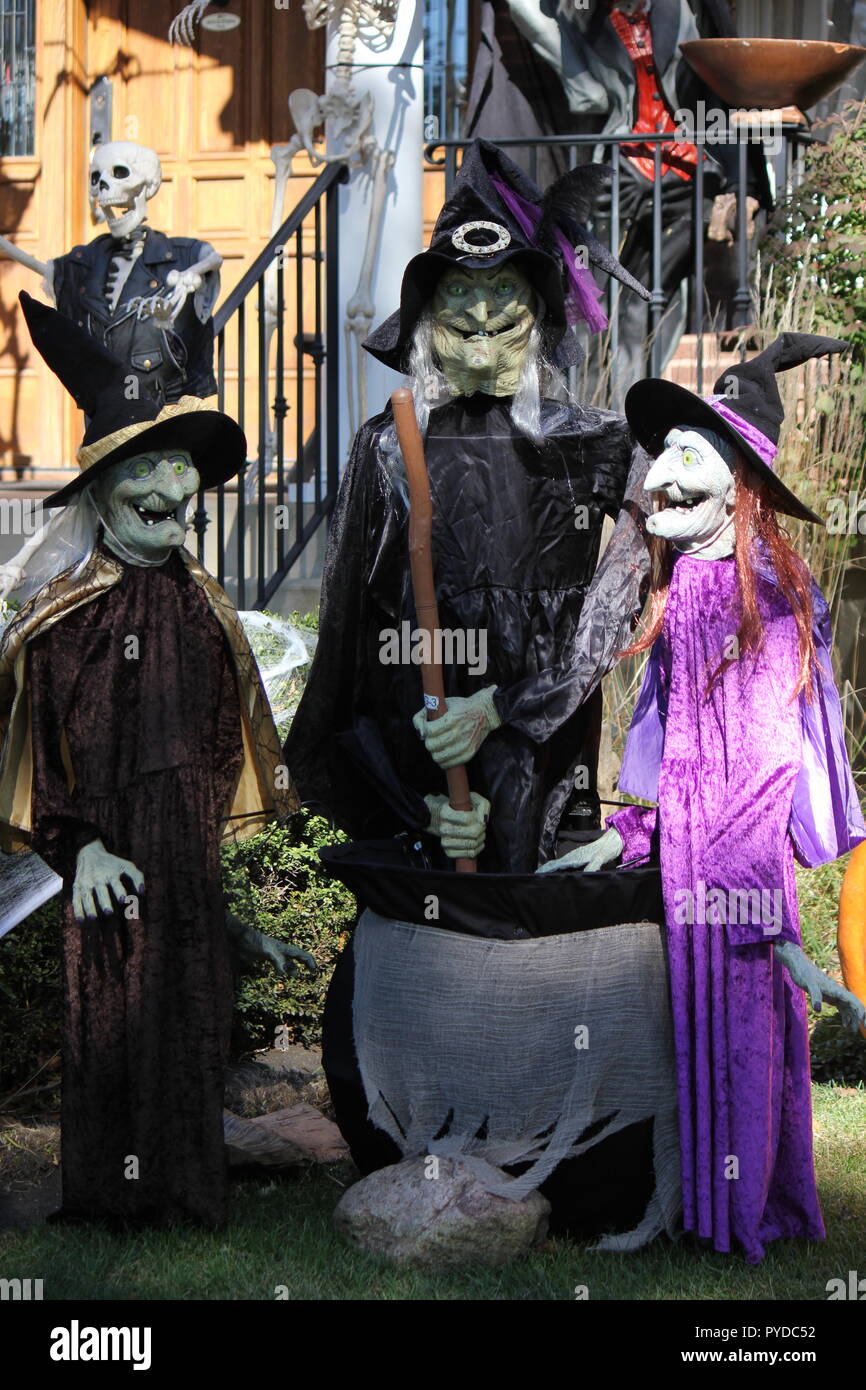 Three witches with black hats cackling and laughing as Creative