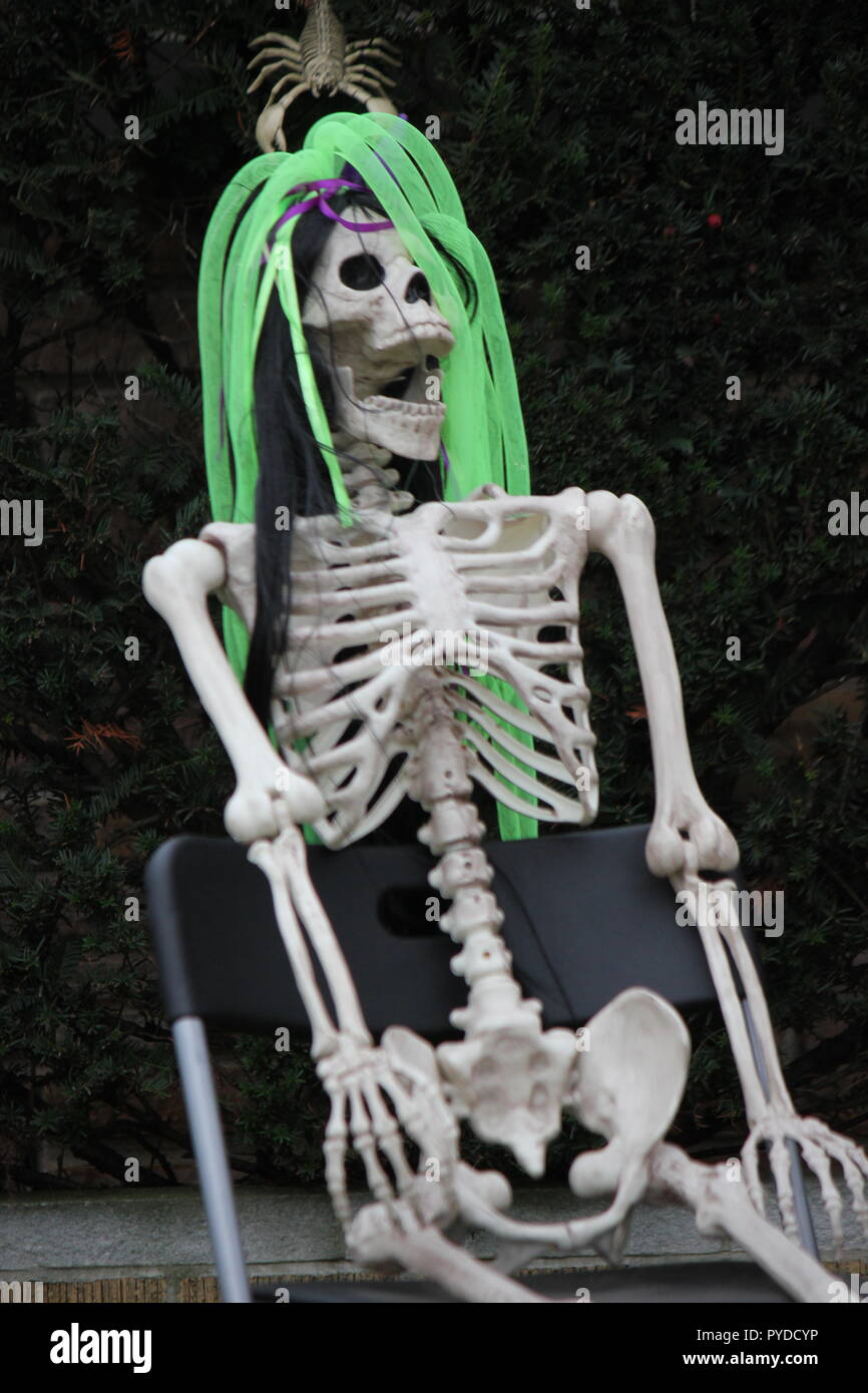 Lady Skeleton With Green Hair Sitting In A Chair And Laughing As