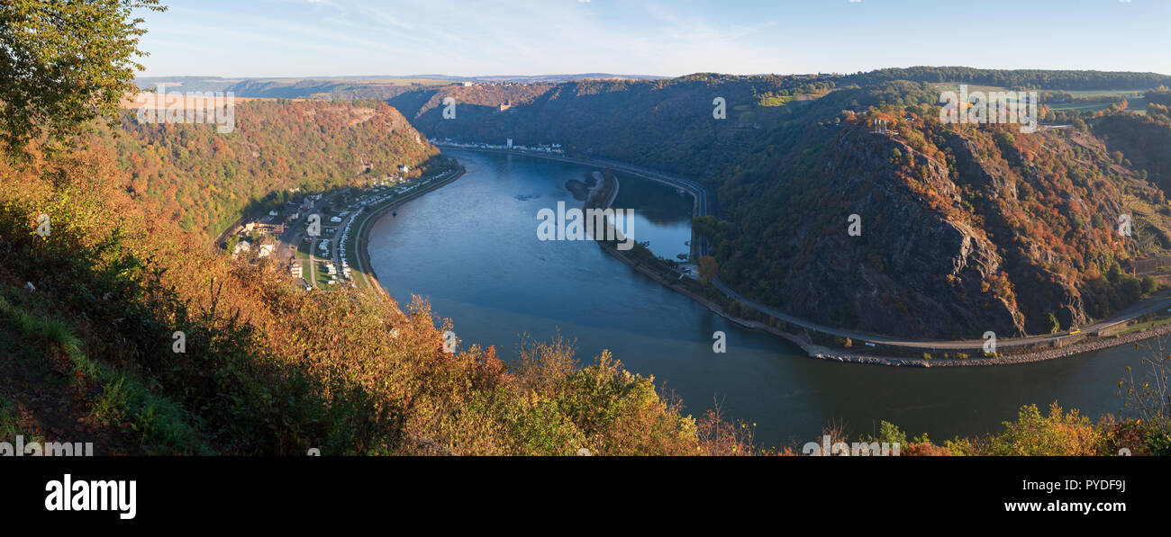 Rhine panorama with Loreley in autumn, Rhineland Stock Photo