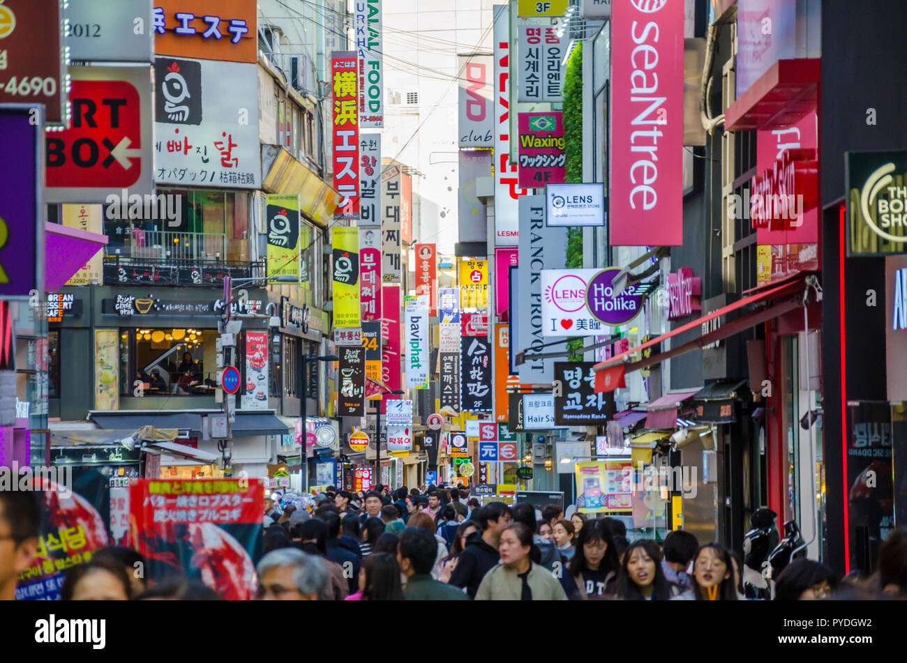 Streets of Myeongdong in Seoul, South Korea busy with shoppers and