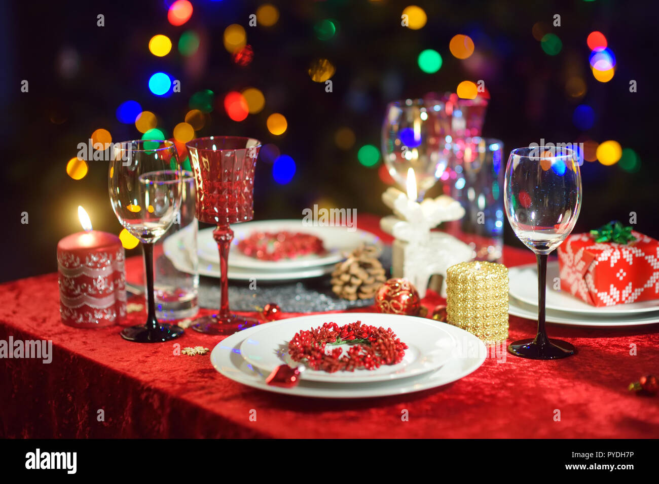 Beautiful table setting for Christmas party or New Year celebration at
