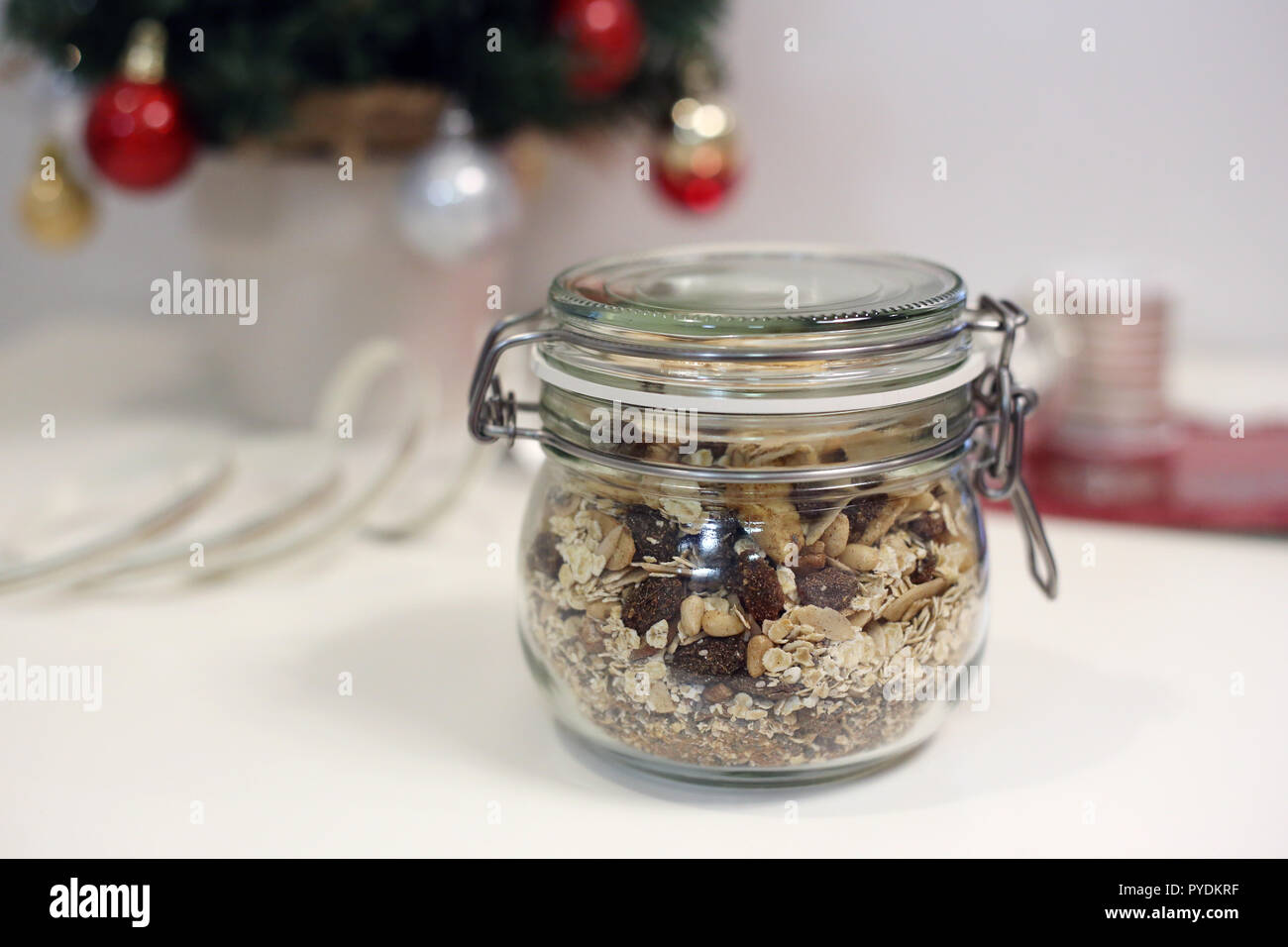 Homemade Christmas Muesli In A Glass Jar There Is A Christmas