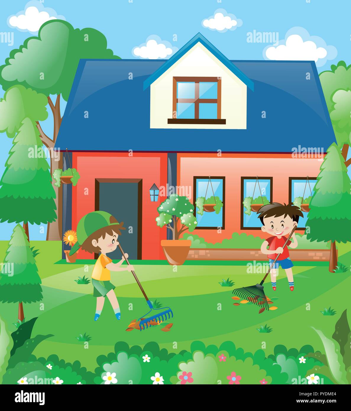 Kids raking leaves at home illustration Stock Vector Image &amp; Art - Alamy