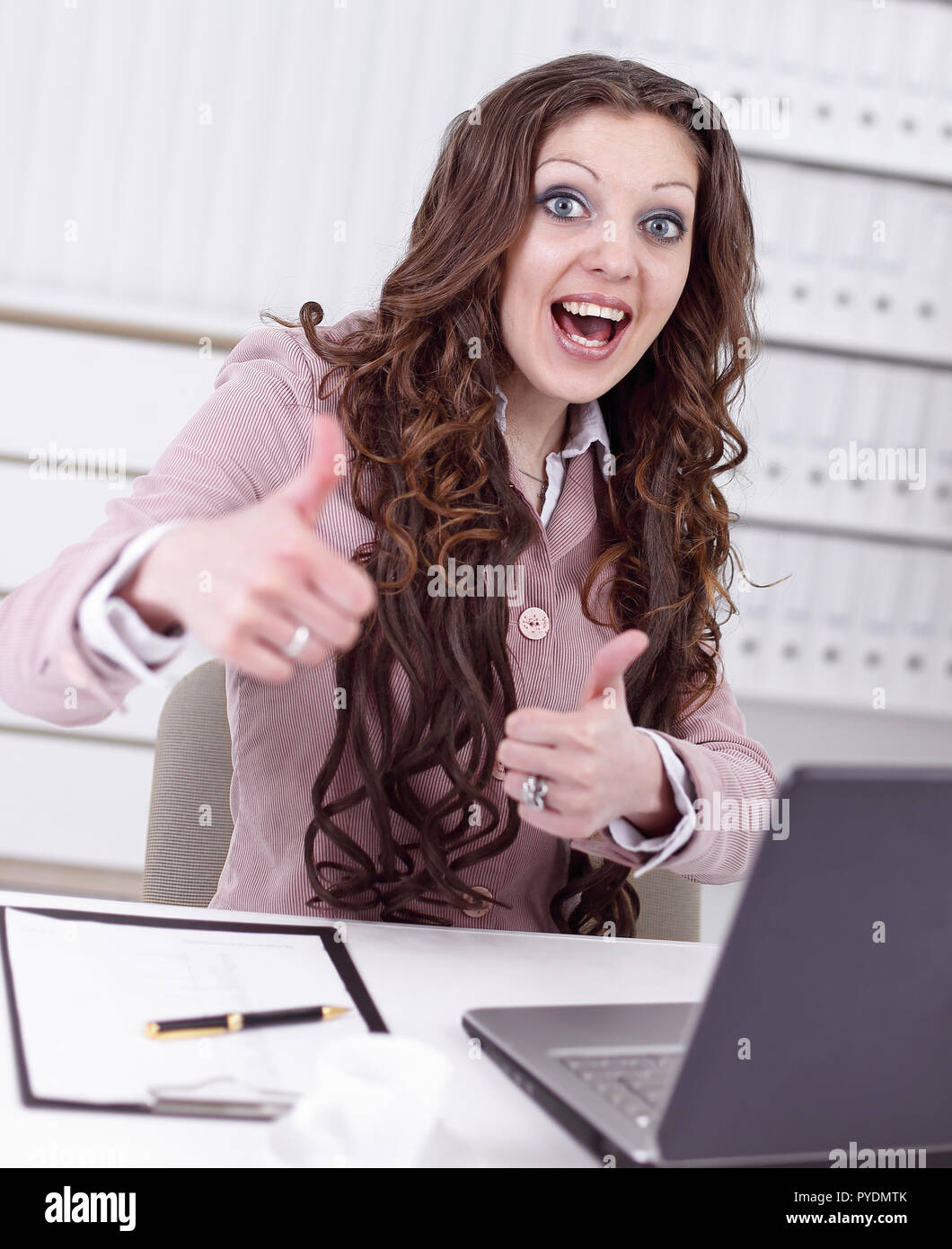 smiling business woman showing thumbs up. photo with copy space Stock ...