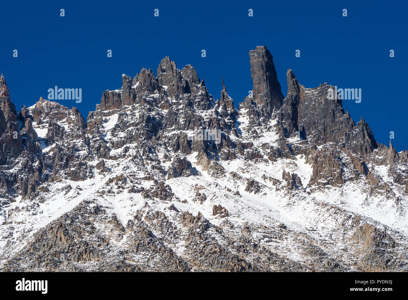 Close detail of the top of Cerro Castillo in Carretera austral in chile - Patagonia Snow Stock Photo