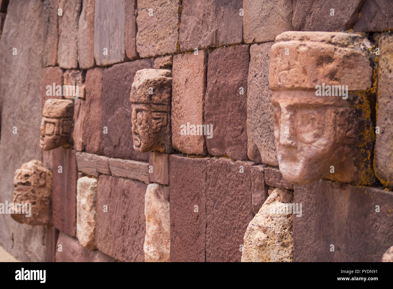 Front view. Ruins of the ancient city of Tiwanaku, Bolivia, faces of culture of Tiwanaku Stock Photo
