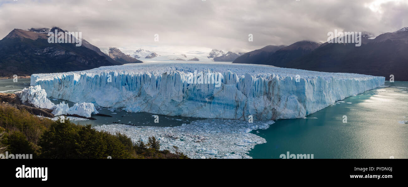 Panoramic pic of the Perito Moreno Glacier in El Calafate city, south of Patagonia in Argentina. Glaciers National Park Stock Photo