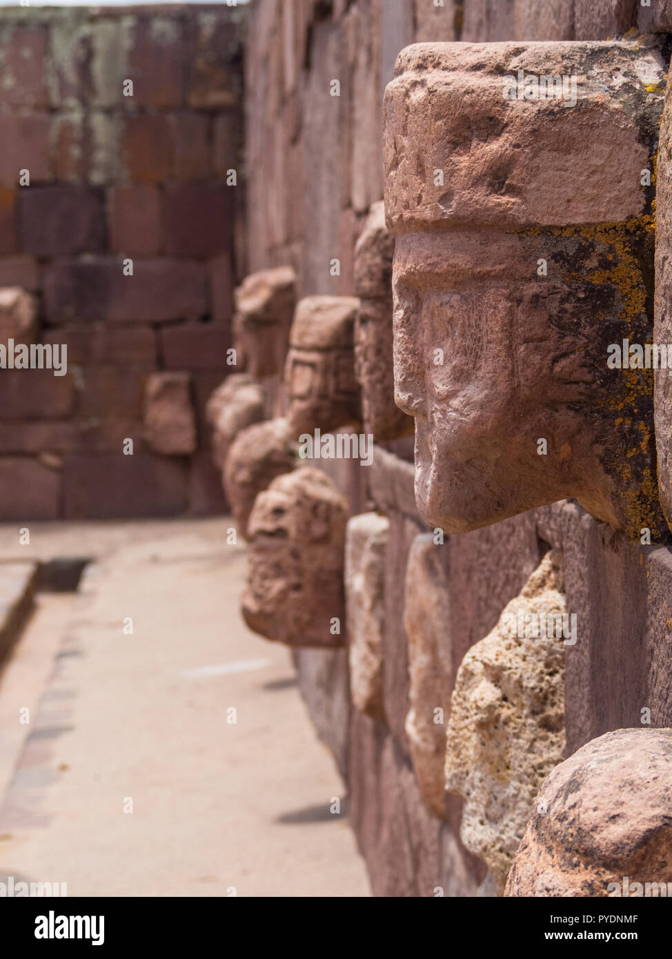 Ruins of the ancient city of Tiwanaku, Bolivia, faces view. Ancient ruins Stock Photo