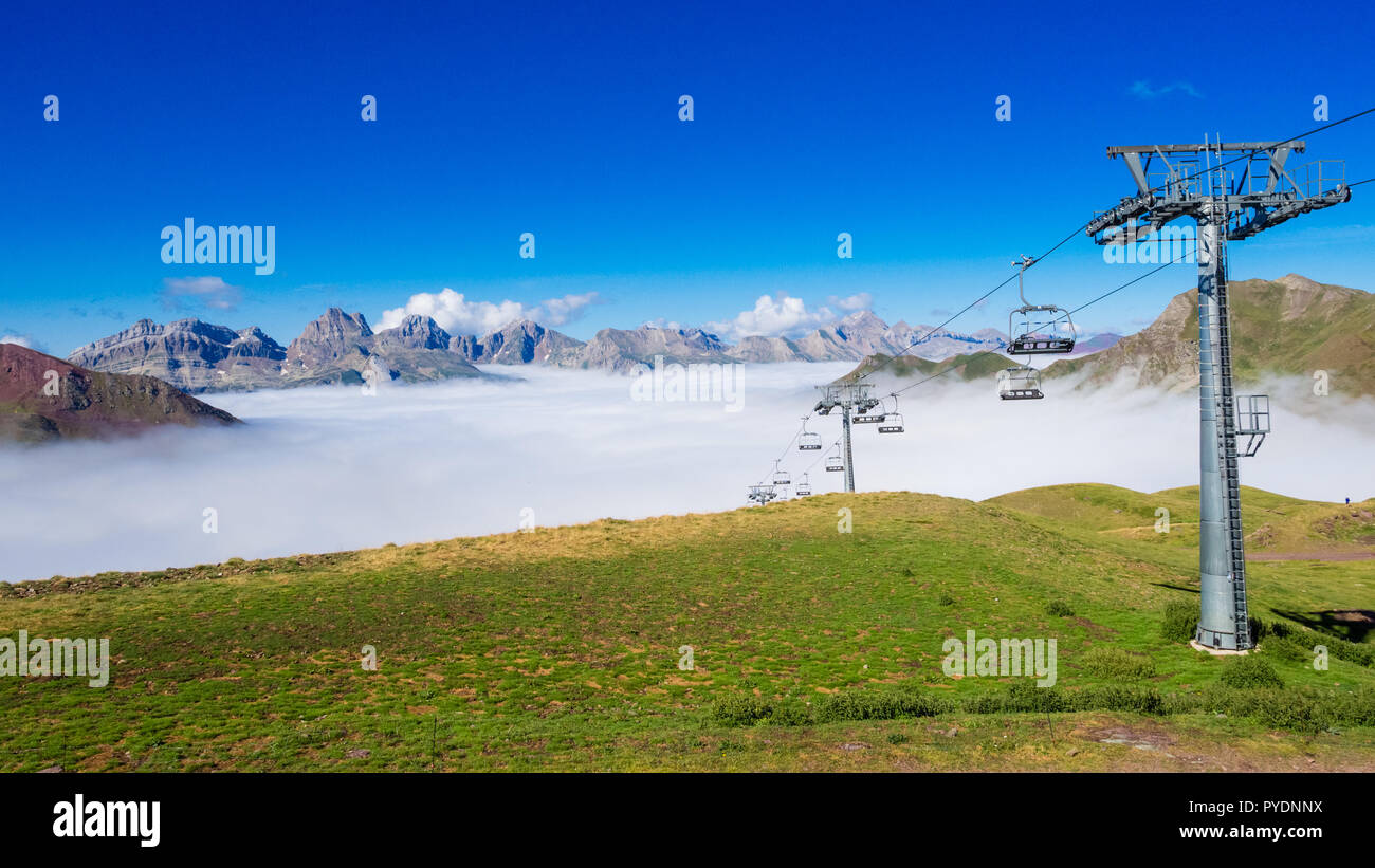 Sea of clouds in ski station of Astun in Pyrenees, huesca in Spain Stock Photo