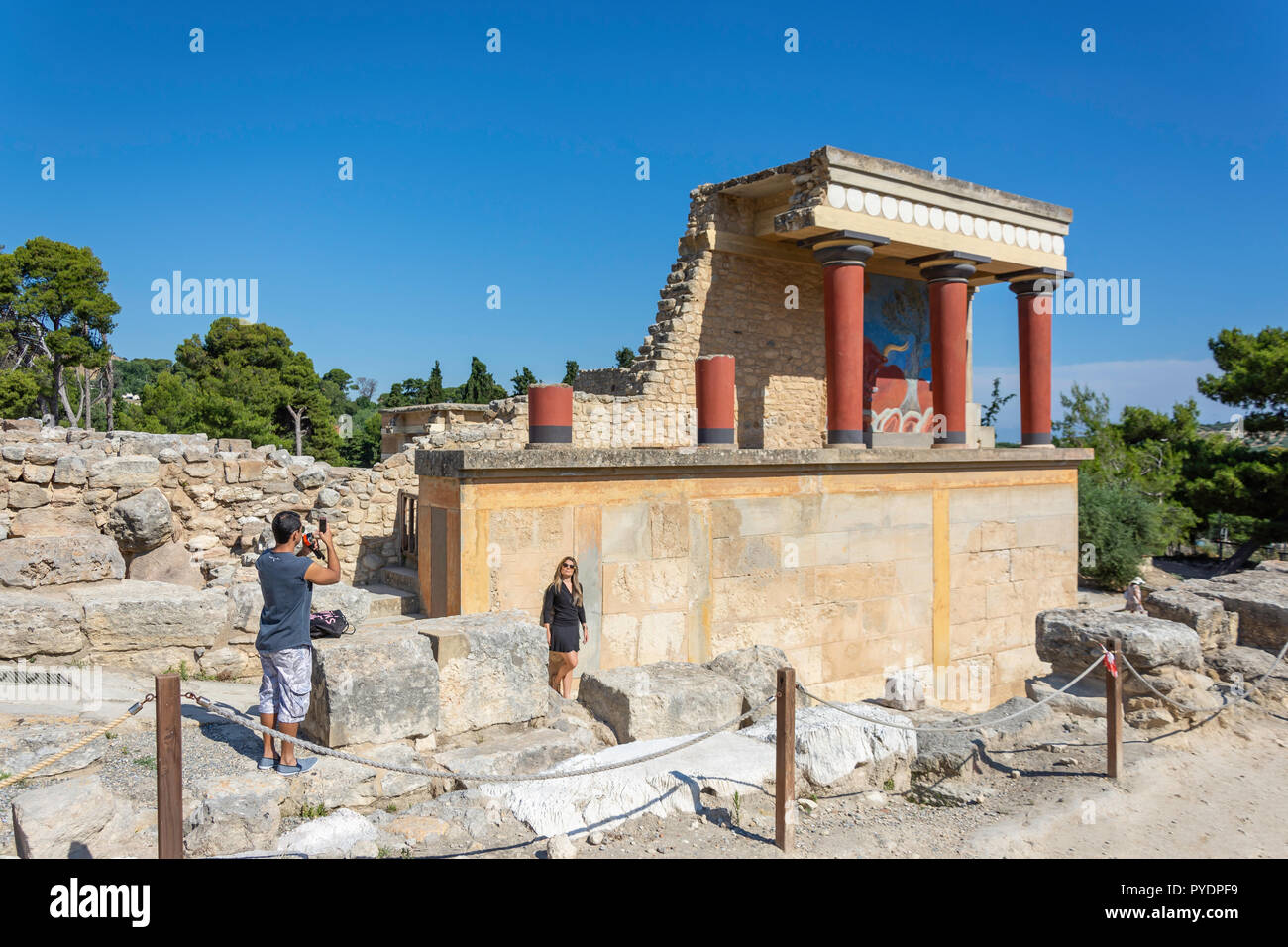 North Propylaeum with charging bull fresco, Minoan Palace of Knossos, Heraklion (Irakleio), Irakleio Region, Crete (Kriti), Greece Stock Photo