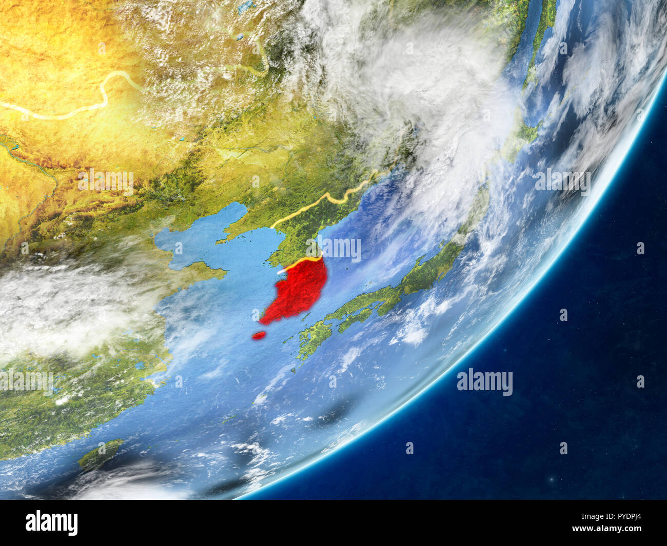 South Korea on model of planet Earth with country borders and very ...