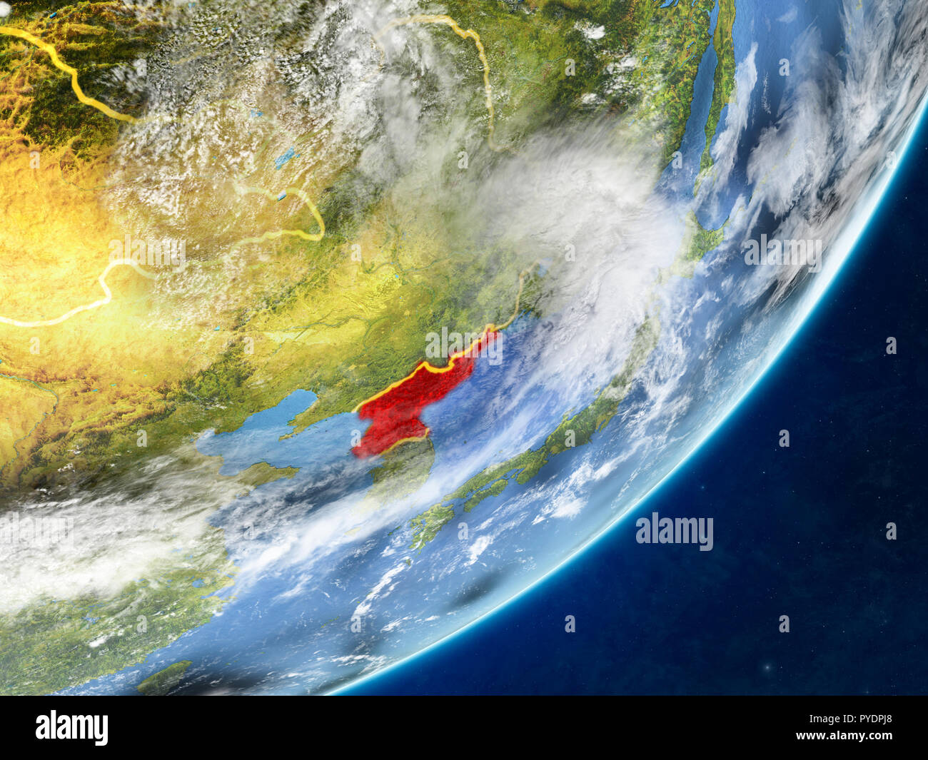 North Korea on model of planet Earth with country borders and very ...