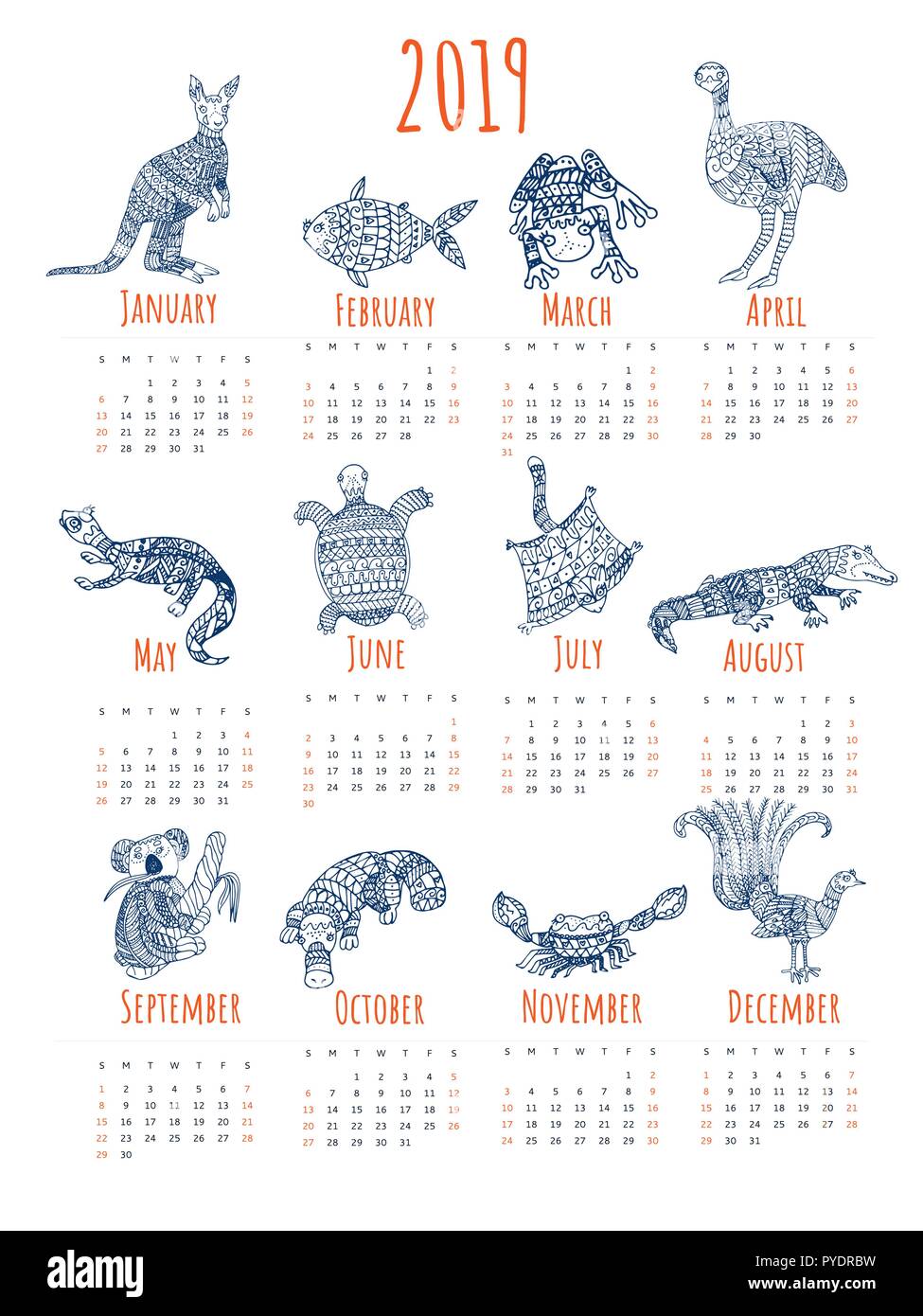 Calendar for 2019 with australian animals. Stylized tribal animal calendar with white background. Stock Vector