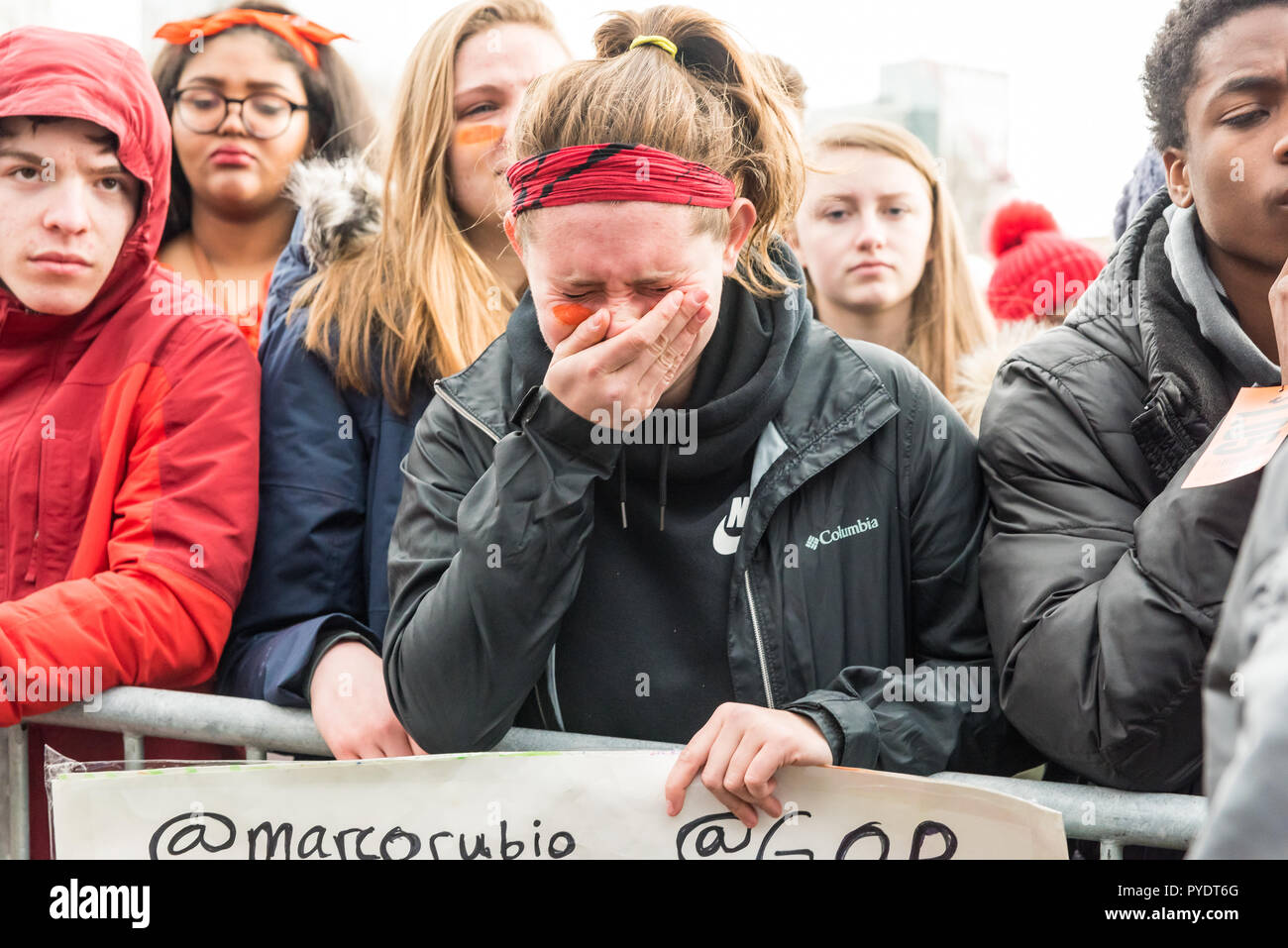 Girl crying and pouring out her emotions at the 2018 March for Our Lives Boston. Stock Photo