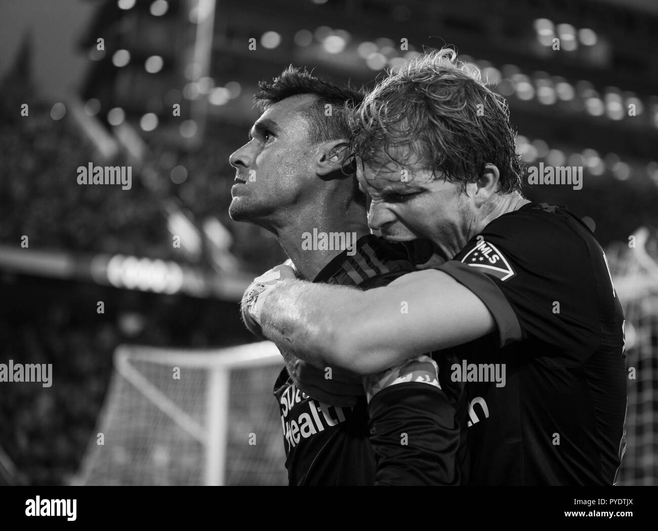 Chris Wondolowski celebrates a goal with Florian Jungwirth Stock Photo