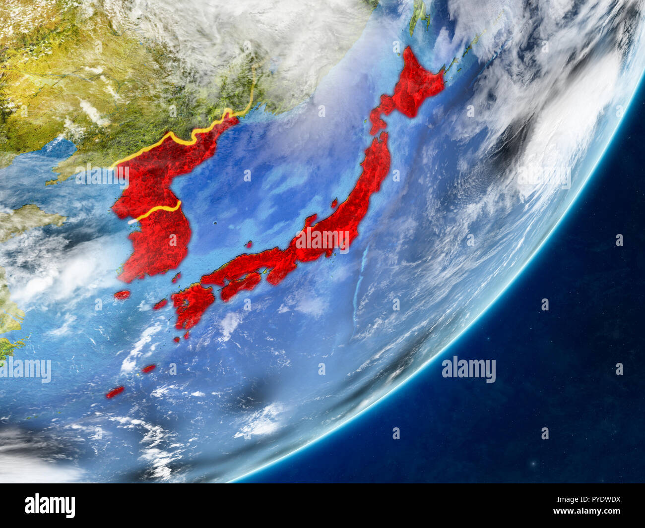 Japan and Korea on model of planet Earth with country borders and very ...