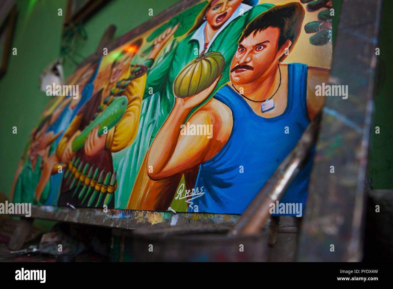 An artwork created by Raj Kumar Das, best known as RK Das, one of the first generation rickshaw artists in Bangladesh, is seen at his studio in capita Stock Photo