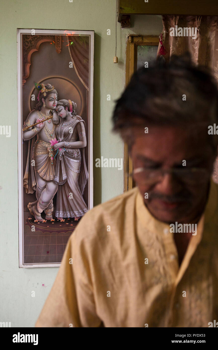 Raj Kumar Das, best known as RK Das, one of the first generation rickshaw artists in Bangladesh, is at his studio in capital Dhaka, on May 8, 2012. Th Stock Photo