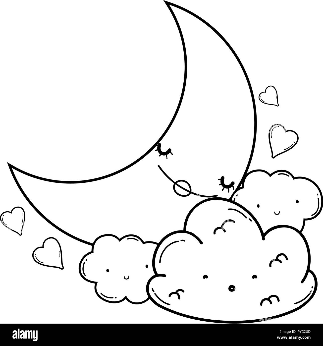 Clouds and moon cute cartoons in black and white Stock Vector Image ...