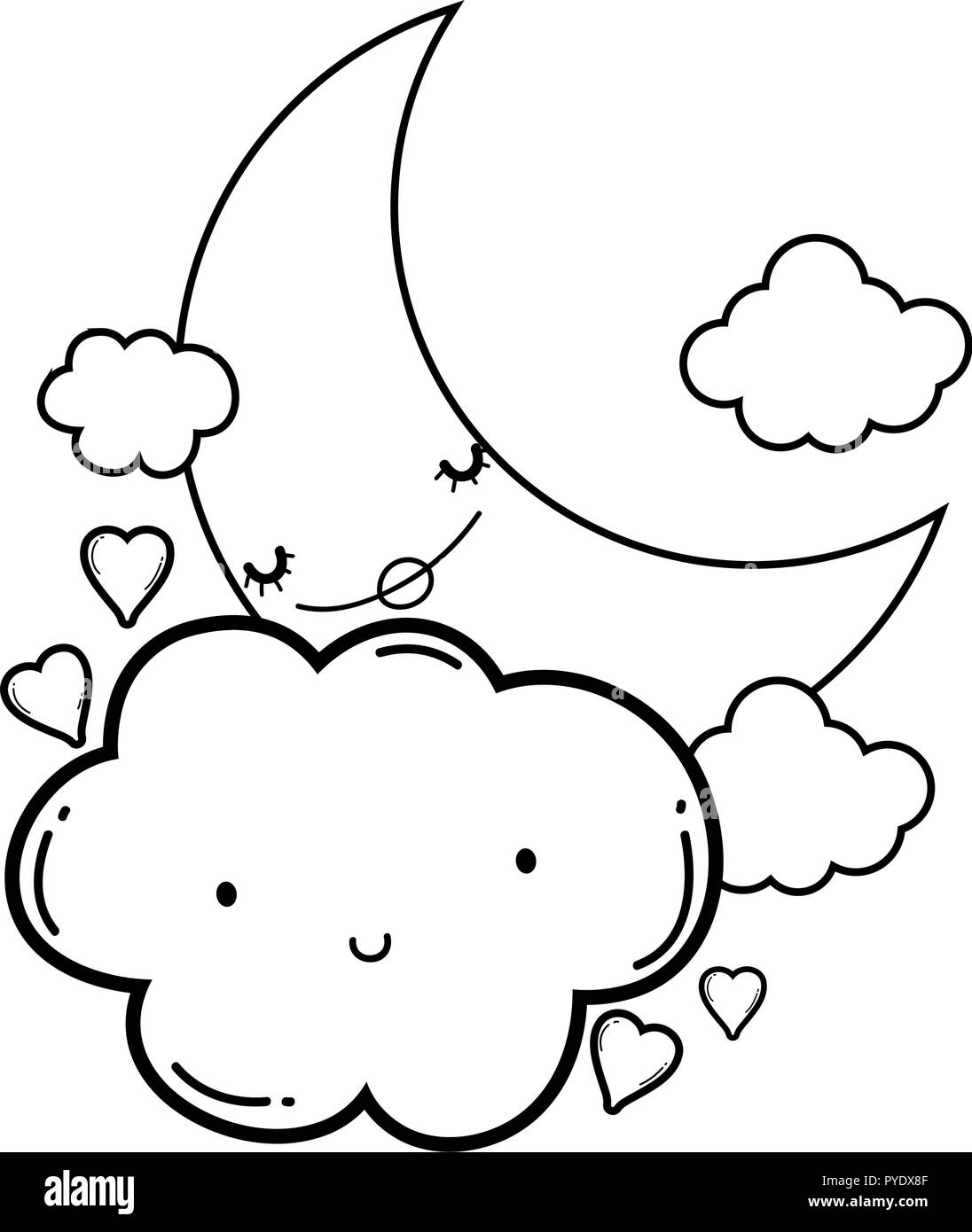Clouds and moon cute cartoons in black and white Stock Vector Image ...