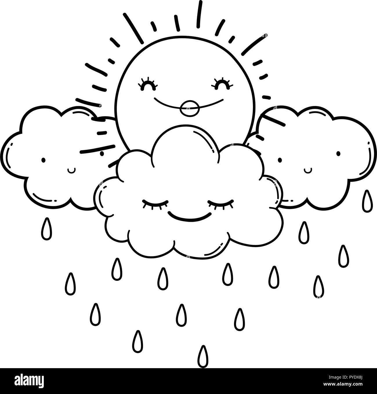 Sun and clouds cartoons in black and white Stock Vector