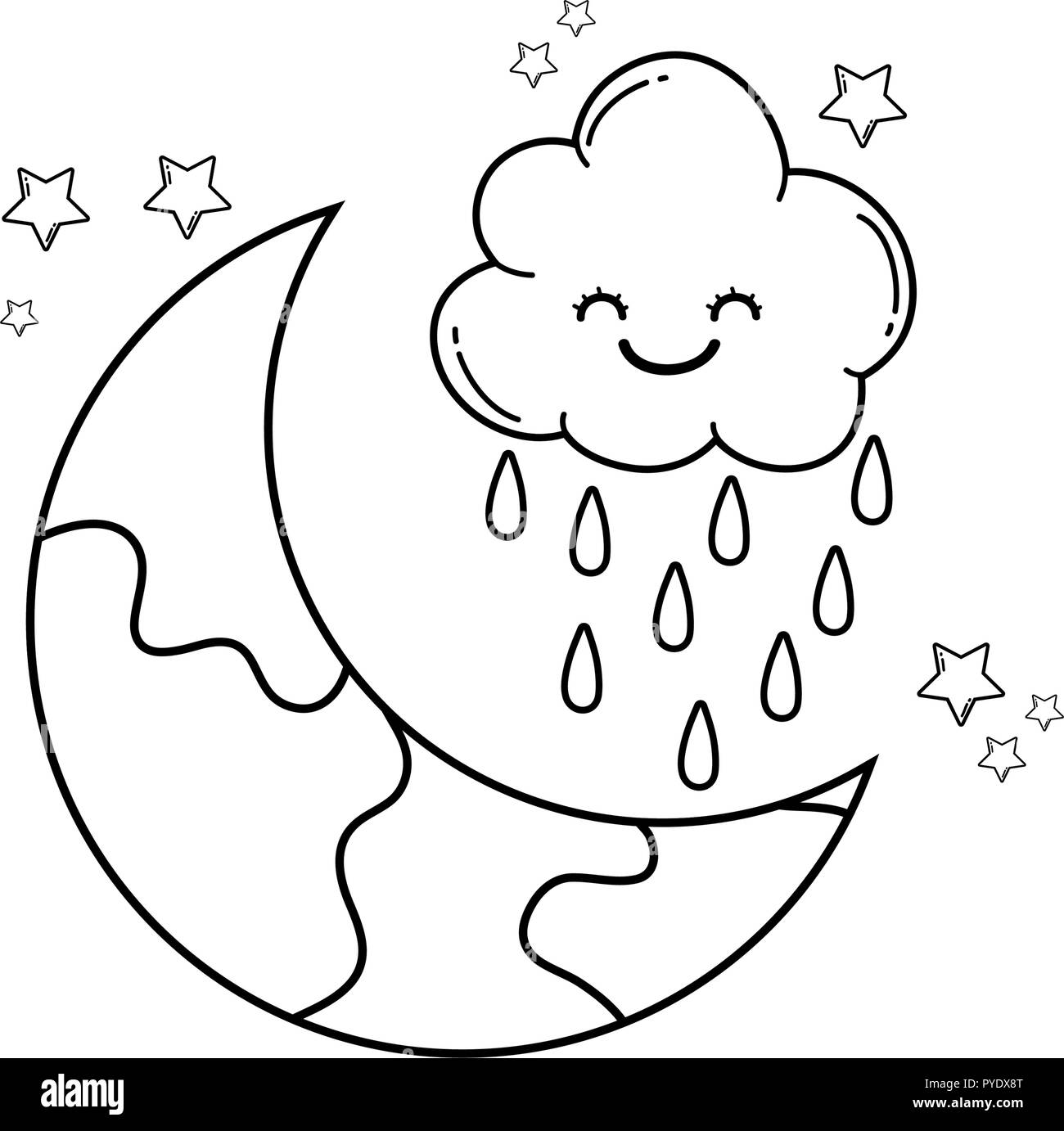 Clouds and moon cute cartoons in black and white Stock Vector Image ...